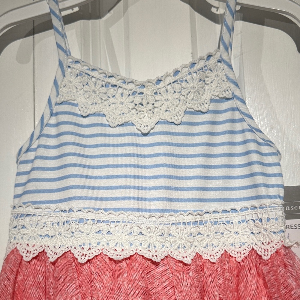Girls white and Blue Striped Kids Casual Dress with pink tulle bottom 3T - Picture 4 of 7